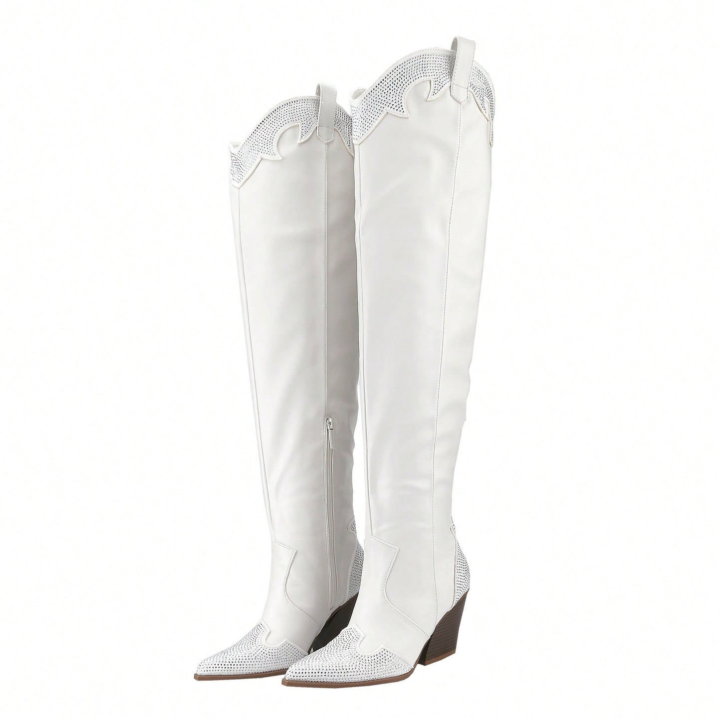 Women's Rhinestone Cowboy Boots Western Cowgirl Boots Chunky Heel Pointed Toe Pull-On Over The Knee High Boots