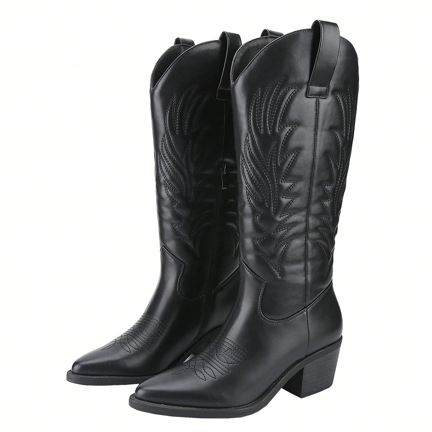 Women's Cowboy Western Cowgirl Boots Embroidered Stitching Point-Toe Boot Fashion Retro Block Heel Pull-On Wide-Calf Boots