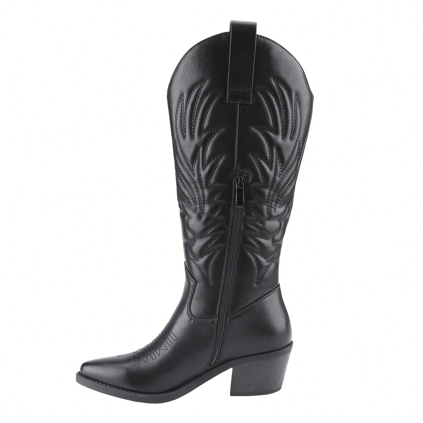 Women's Cowboy Western Cowgirl Boots Embroidered Stitching Point-Toe Boot Fashion Retro Block Heel Pull-On Wide-Calf Boots