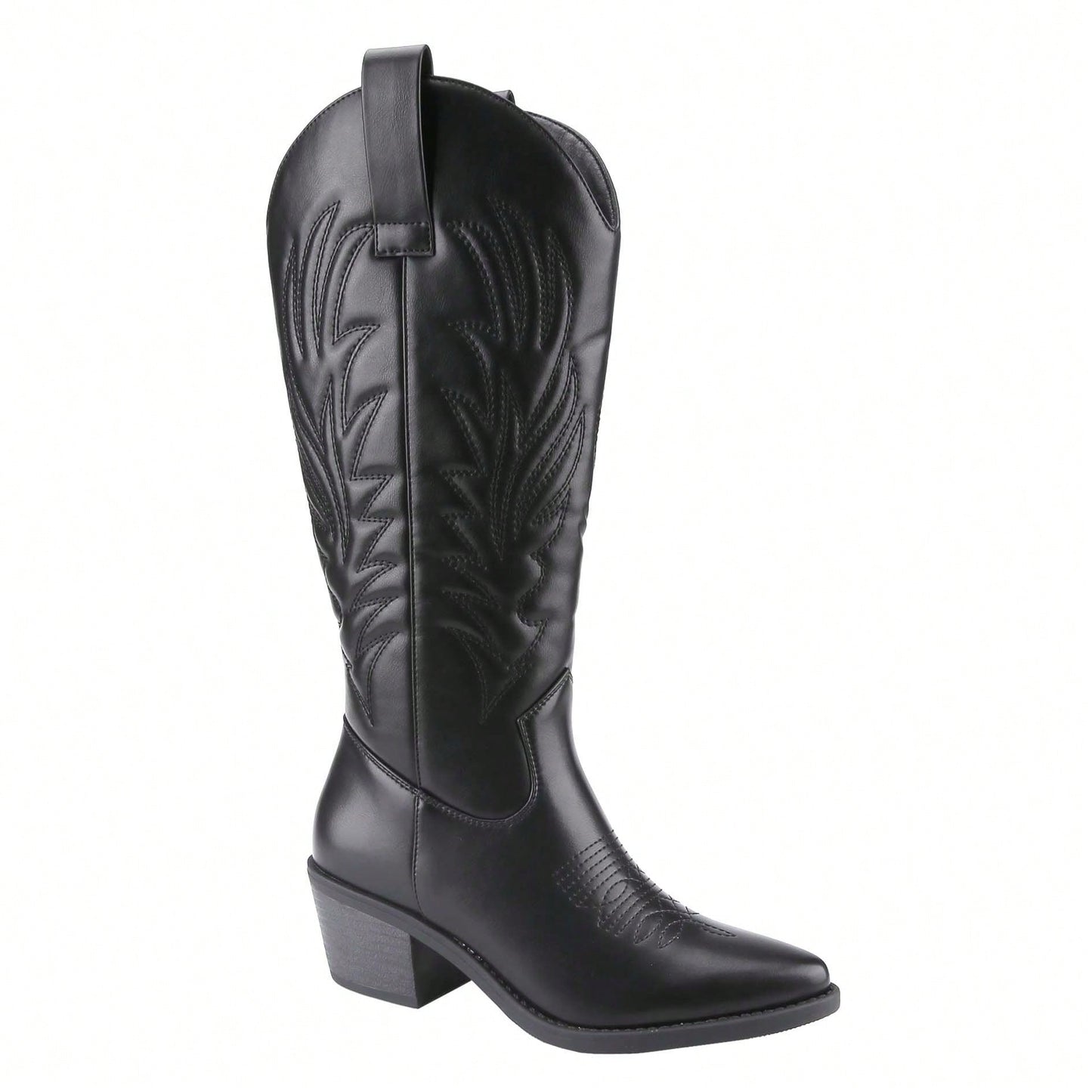 Women's Cowboy Western Cowgirl Boots Embroidered Stitching Point-Toe Boot Fashion Retro Block Heel Pull-On Wide-Calf Boots