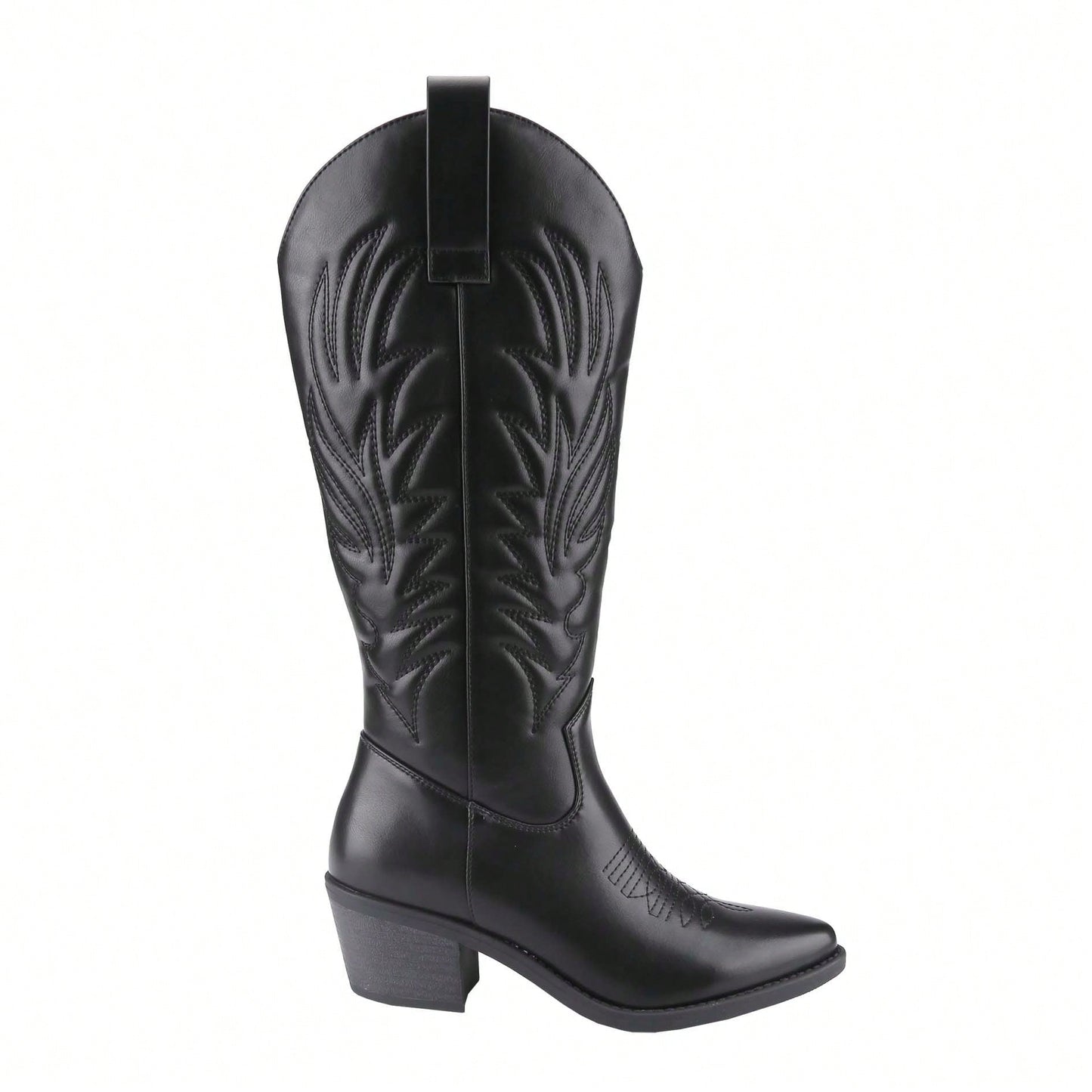 Women's Cowboy Western Cowgirl Boots Embroidered Stitching Point-Toe Boot Fashion Retro Block Heel Pull-On Wide-Calf Boots