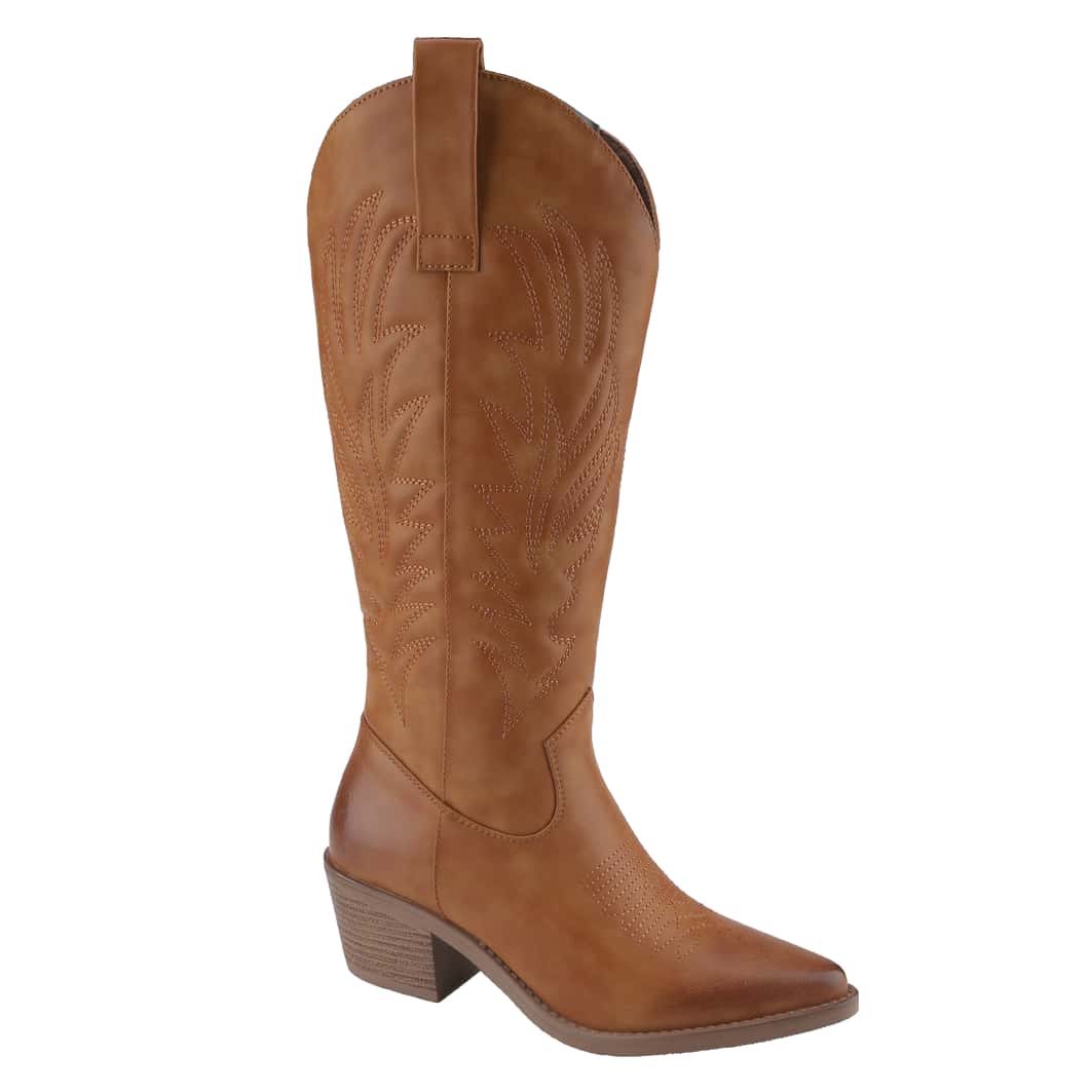 Women's Cowboy Western Cowgirl Boots Embroidered Stitching Point-Toe Boot Fashion Retro Block Heel Pull-On Wide-Calf Boots