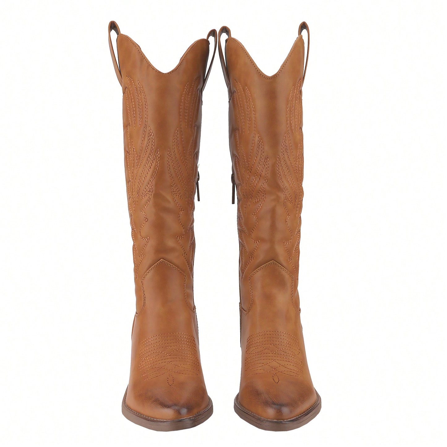 Women's Cowboy Western Cowgirl Boots Embroidered Stitching Point-Toe Boot Fashion Retro Block Heel Pull-On Wide-Calf Boots