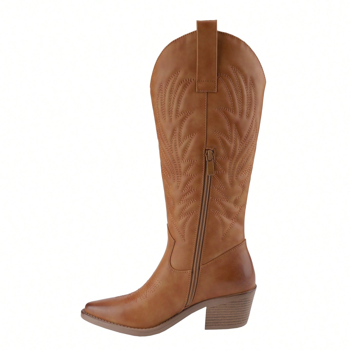 Women's Cowboy Western Cowgirl Boots Embroidered Stitching Point-Toe Boot Fashion Retro Block Heel Pull-On Wide-Calf Boots