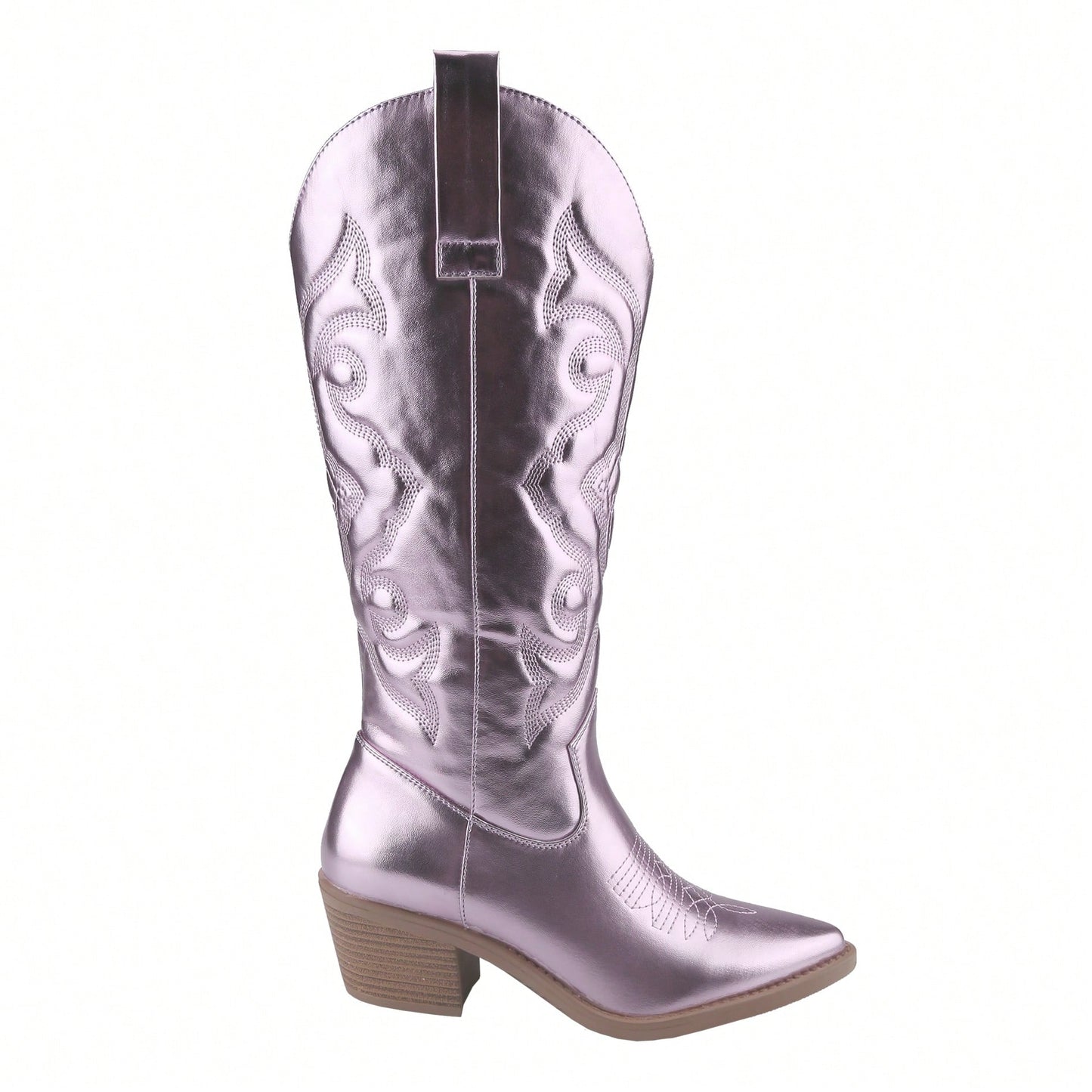Women's Embroidered Western Cowboy Boots Mid Calf Pointed Toe Chunky Heel Shiny Vintage Fashion Knee Boots