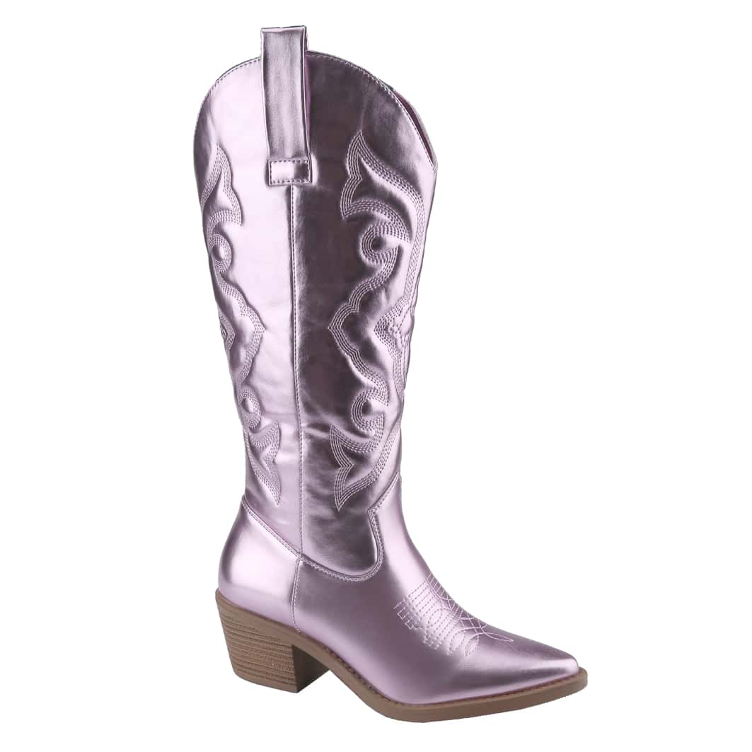 Women's Embroidered Western Cowboy Boots Mid Calf Pointed Toe Chunky Heel Shiny Vintage Fashion Knee Boots