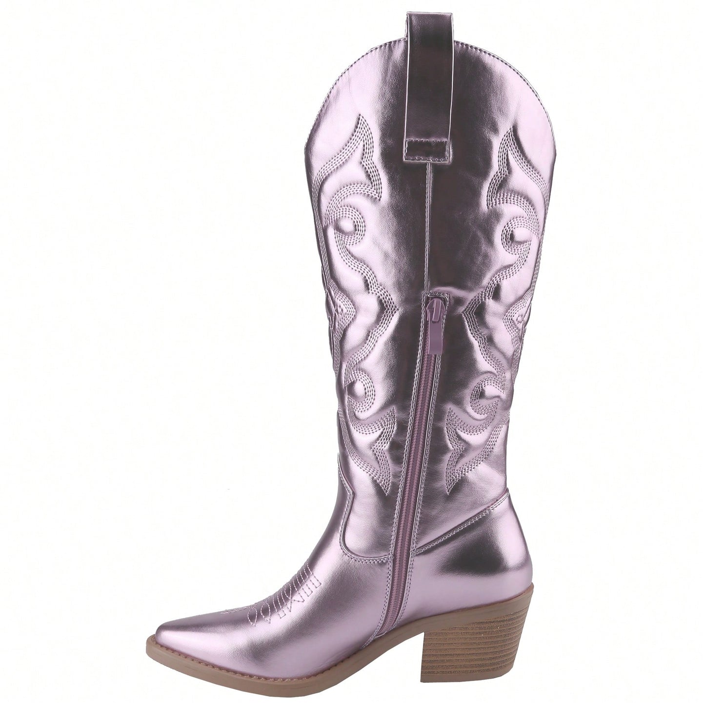 Women's Embroidered Western Cowboy Boots Mid Calf Pointed Toe Chunky Heel Shiny Vintage Fashion Knee Boots