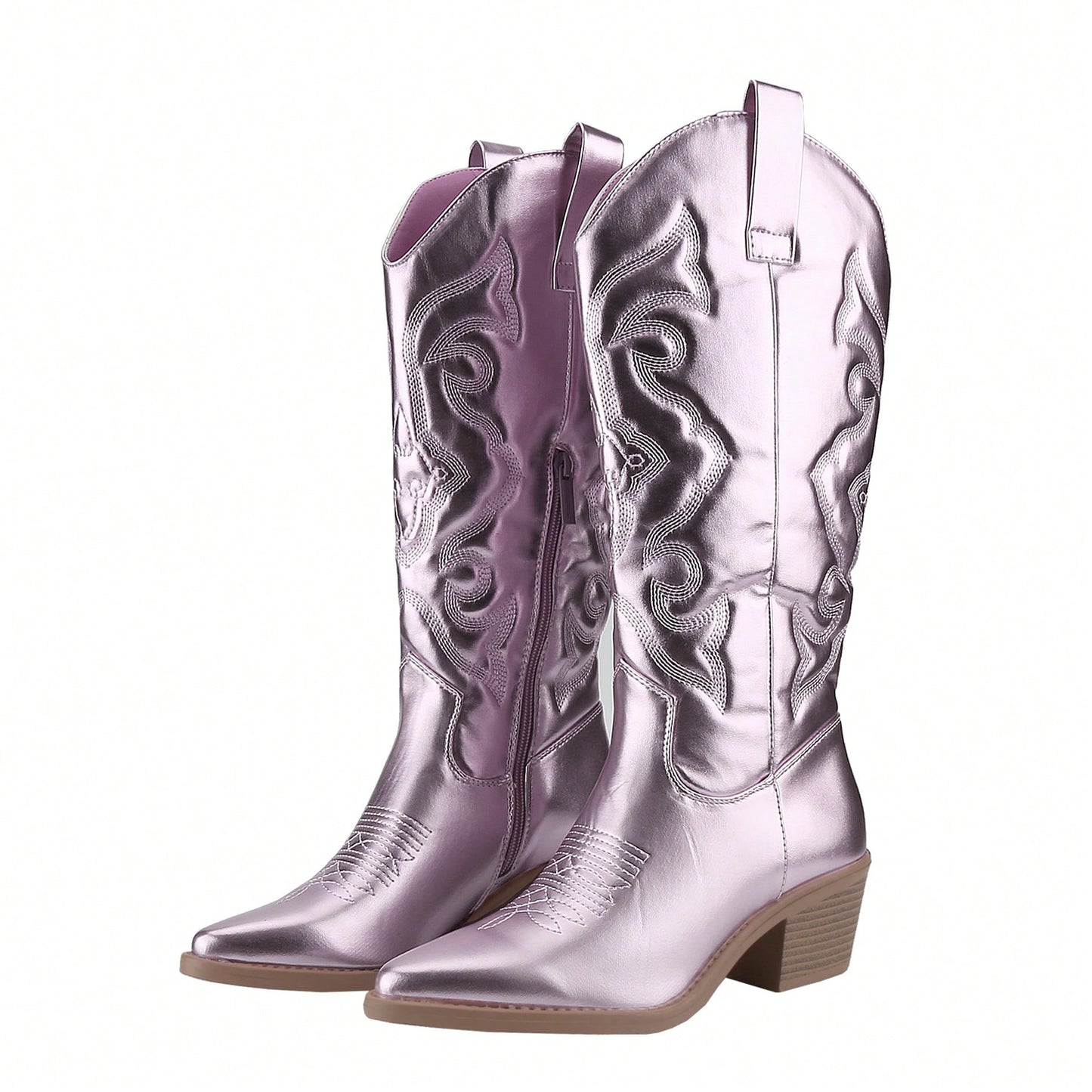 Women's Embroidered Western Cowboy Boots Mid Calf Pointed Toe Chunky Heel Shiny Vintage Fashion Knee Boots