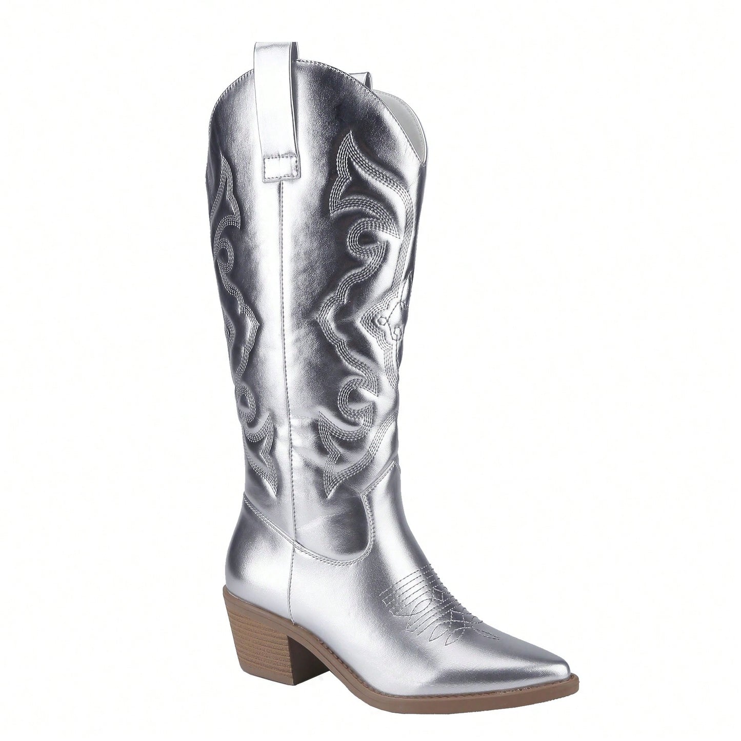 Women's Embroidered Western Cowboy Boots Mid Calf Pointed Toe Chunky Heel Shiny Vintage Fashion Knee Boots
