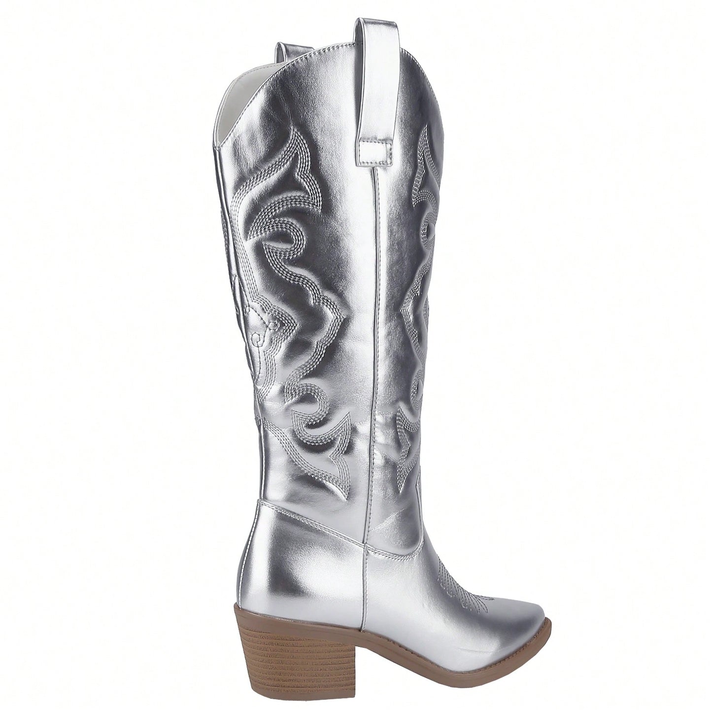 Women's Embroidered Western Cowboy Boots Mid Calf Pointed Toe Chunky Heel Shiny Vintage Fashion Knee Boots