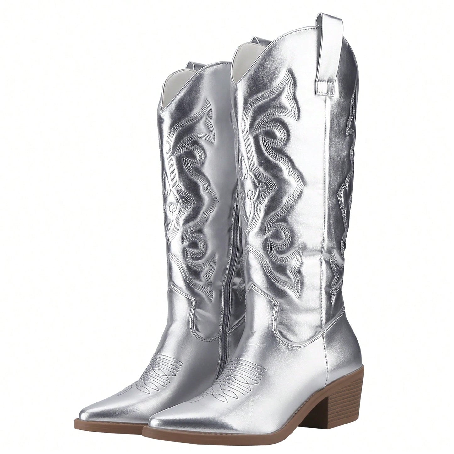 Women's Embroidered Western Cowboy Boots Mid Calf Pointed Toe Chunky Heel Shiny Vintage Fashion Knee Boots