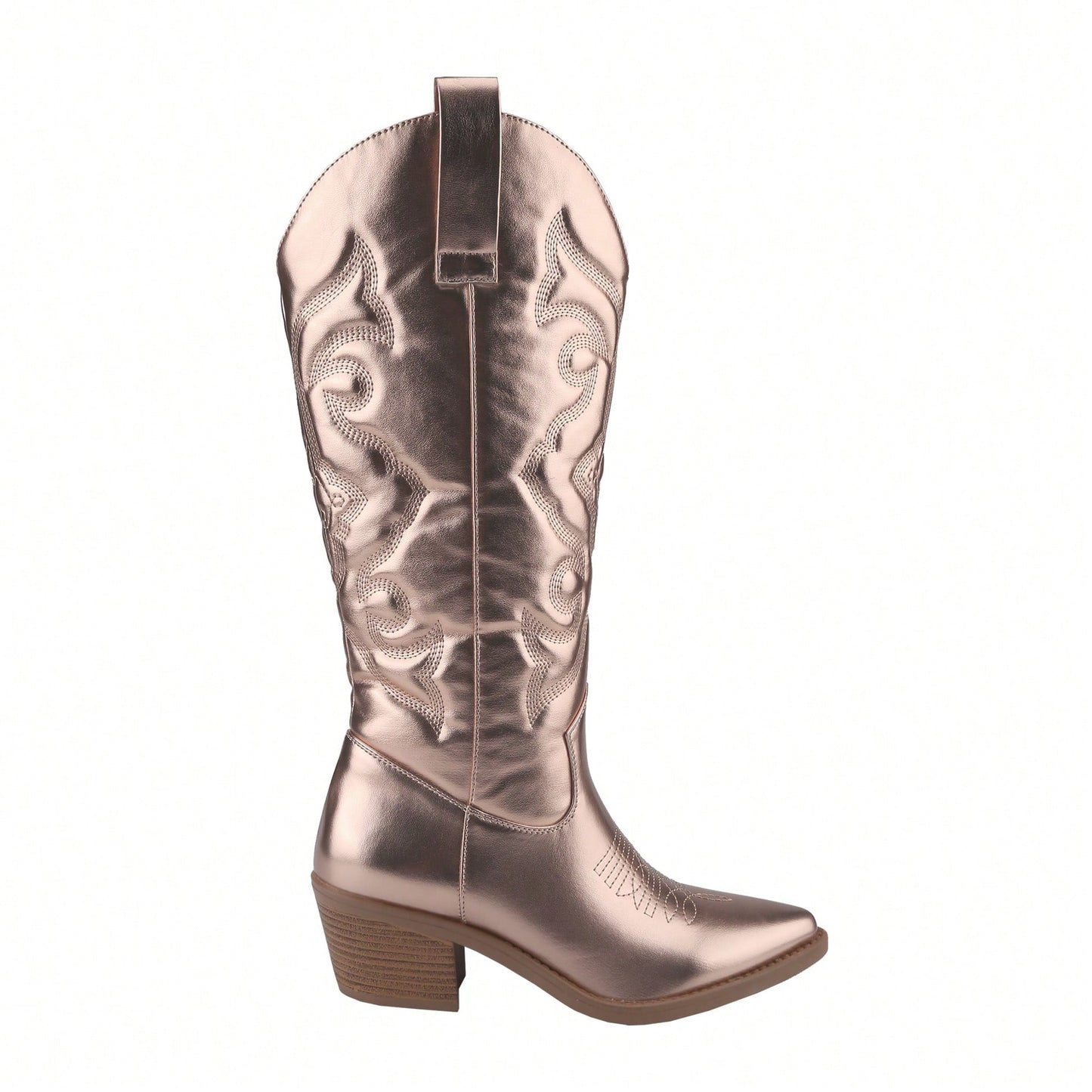 Women's Embroidered Western Cowboy Boots Mid Calf Pointed Toe Chunky Heel Shiny Vintage Fashion Knee Boots