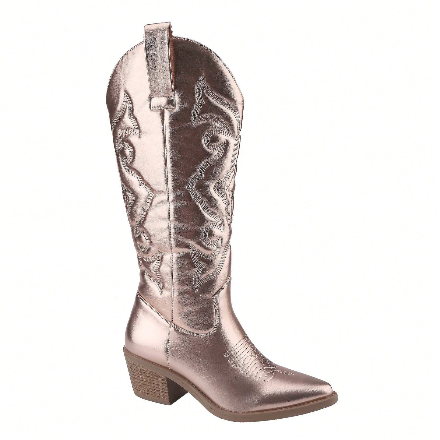 Women's Embroidered Western Cowboy Boots Mid Calf Pointed Toe Chunky Heel Shiny Vintage Fashion Knee Boots