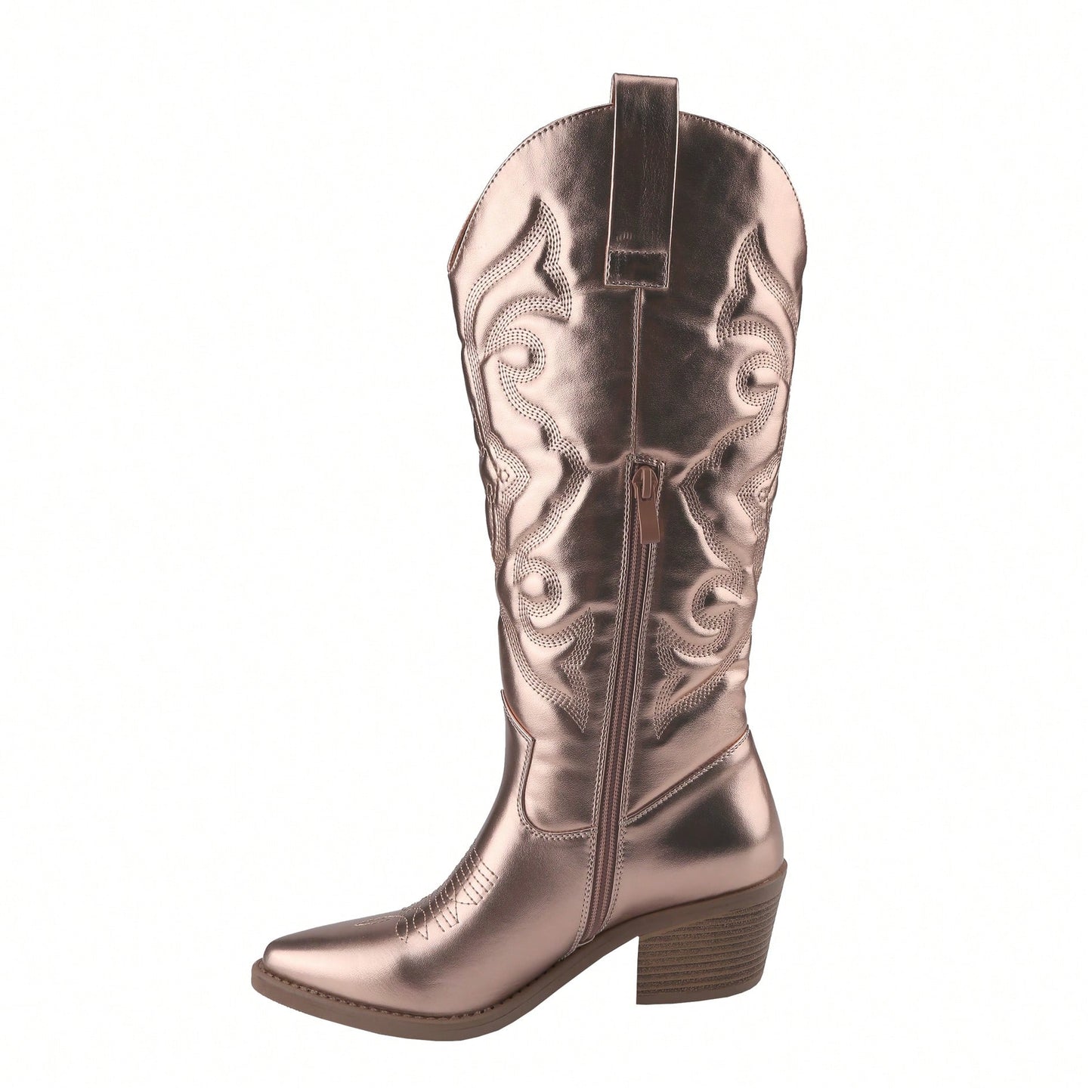 Women's Embroidered Western Cowboy Boots Mid Calf Pointed Toe Chunky Heel Shiny Vintage Fashion Knee Boots