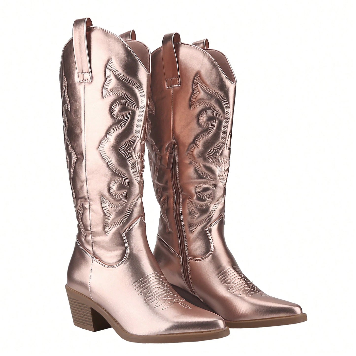 Women's Embroidered Western Cowboy Boots Mid Calf Pointed Toe Chunky Heel Shiny Vintage Fashion Knee Boots