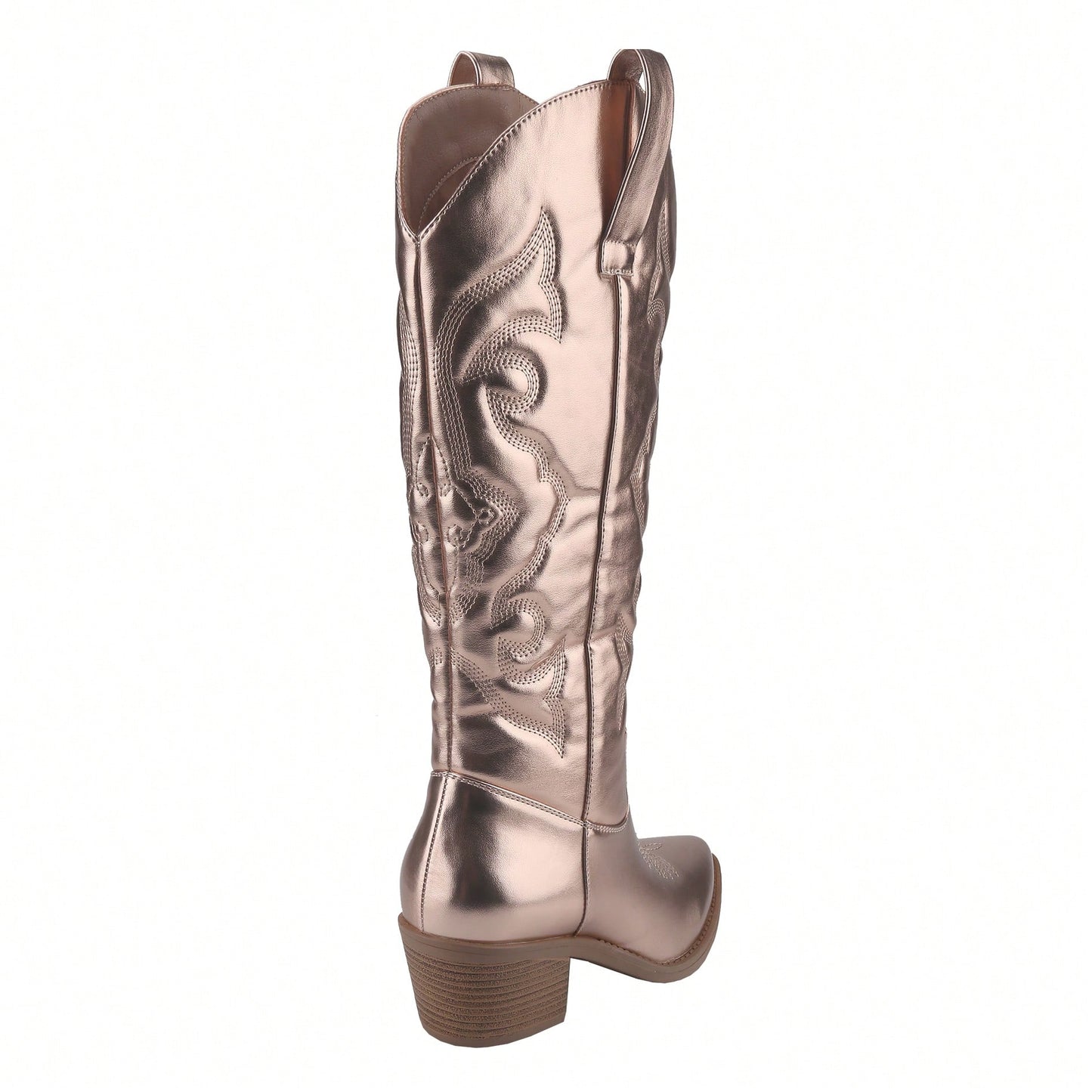 Women's Embroidered Western Cowboy Boots Mid Calf Pointed Toe Chunky Heel Shiny Vintage Fashion Knee Boots