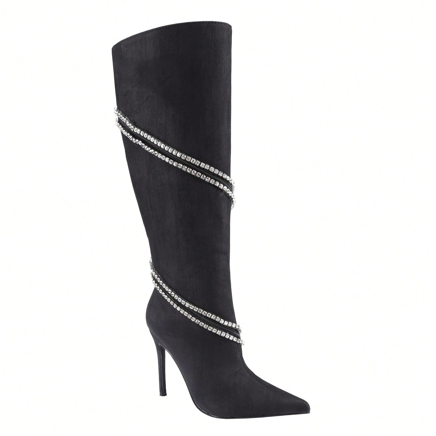 Women's Stiletto Boots Pointed Toe Crystal Straps Embellished Booties Slip-On Knee High Boots