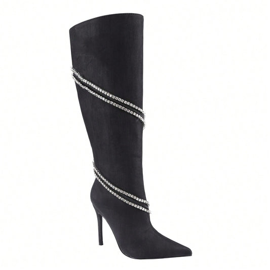 Women's Stiletto Boots Pointed Toe Crystal Straps Embellished Booties Slip-On Knee High Boots