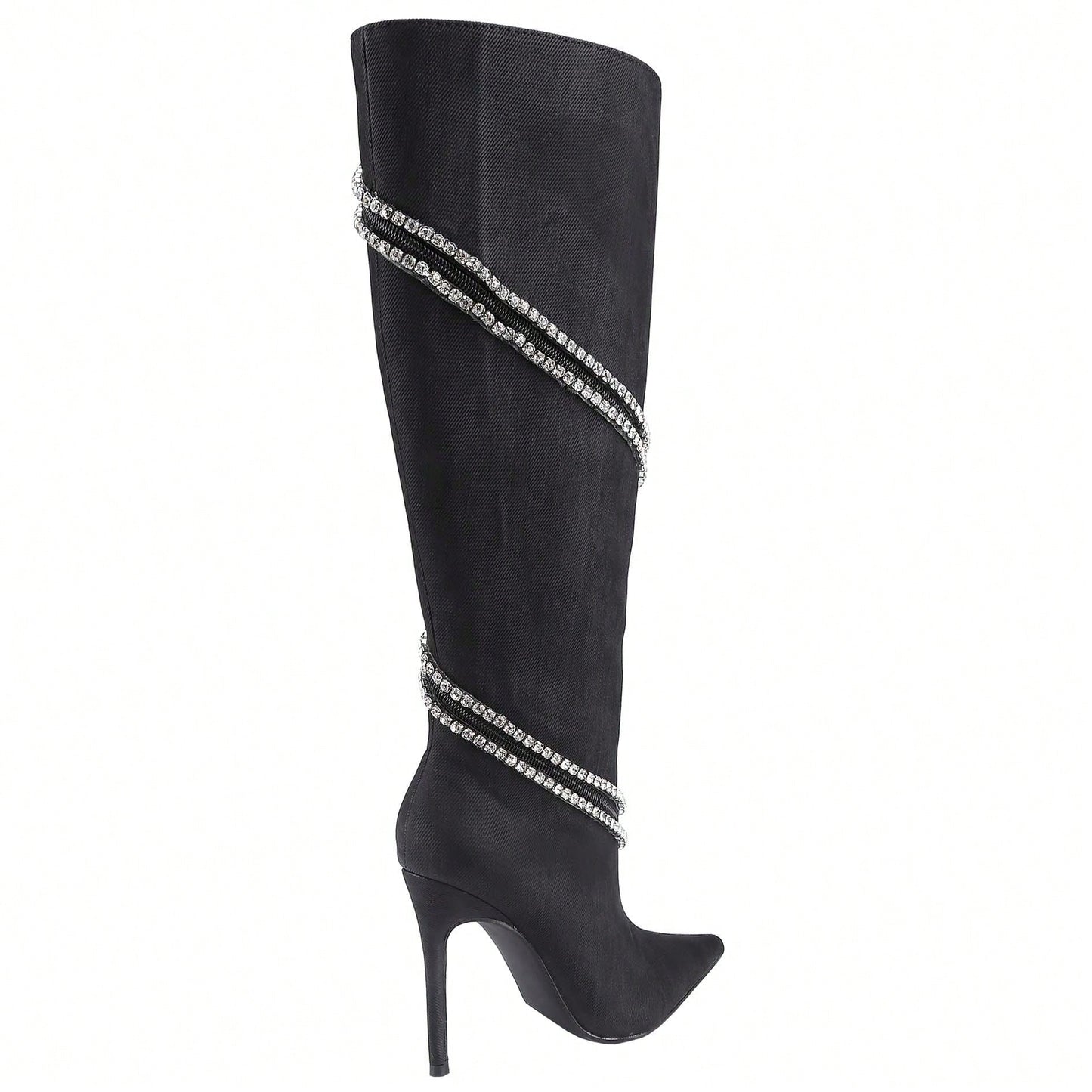 Women's Stiletto Boots Pointed Toe Crystal Straps Embellished Booties Slip-On Knee High Boots