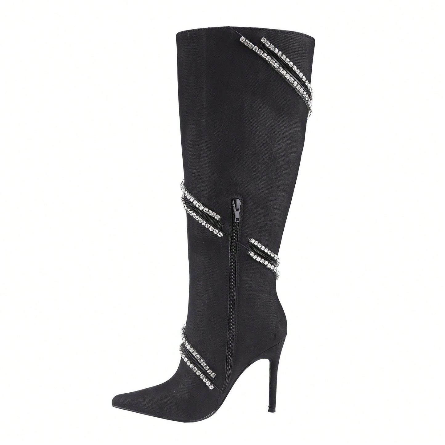 Women's Stiletto Boots Pointed Toe Crystal Straps Embellished Booties Slip-On Knee High Boots