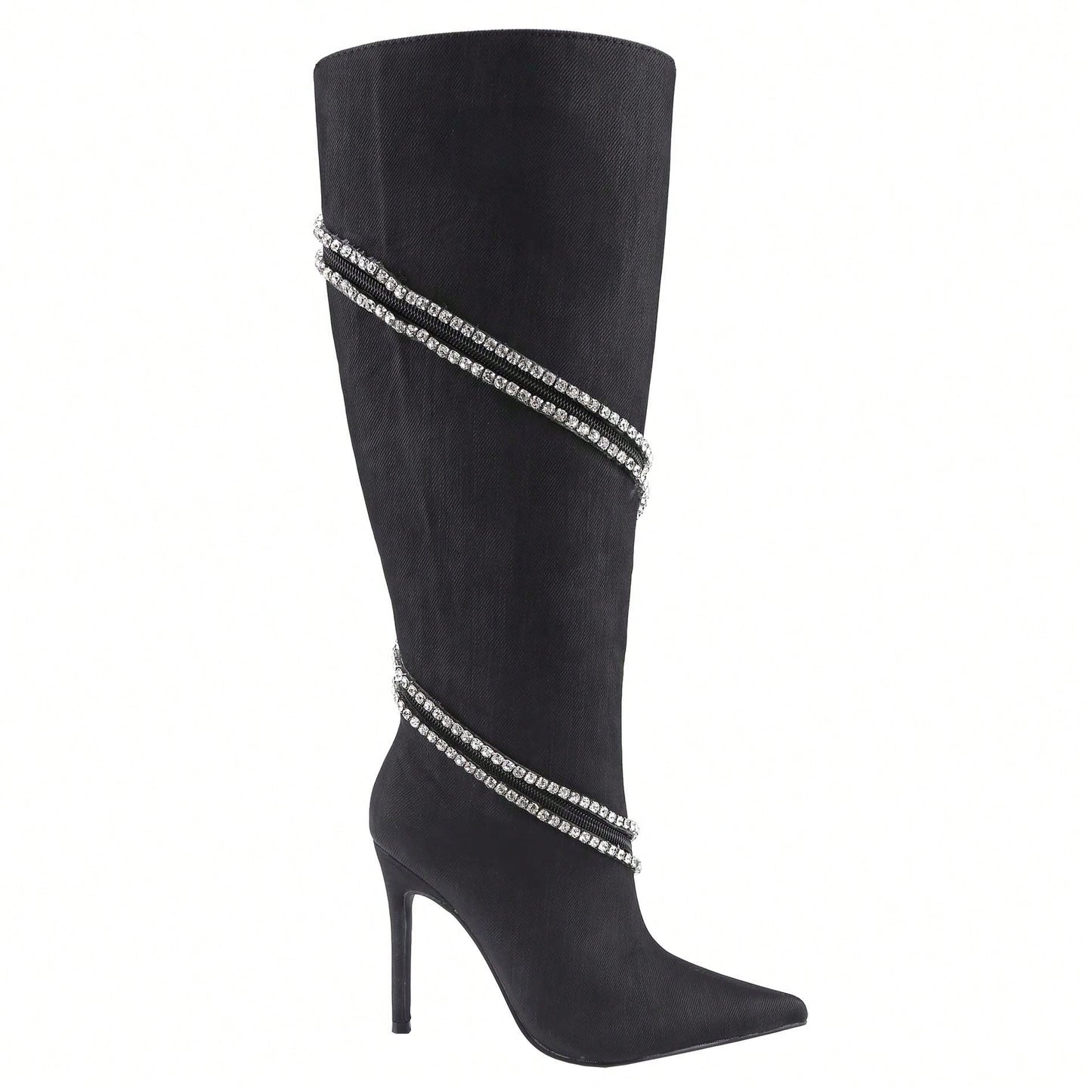 Women's Stiletto Boots Pointed Toe Crystal Straps Embellished Booties Slip-On Knee High Boots