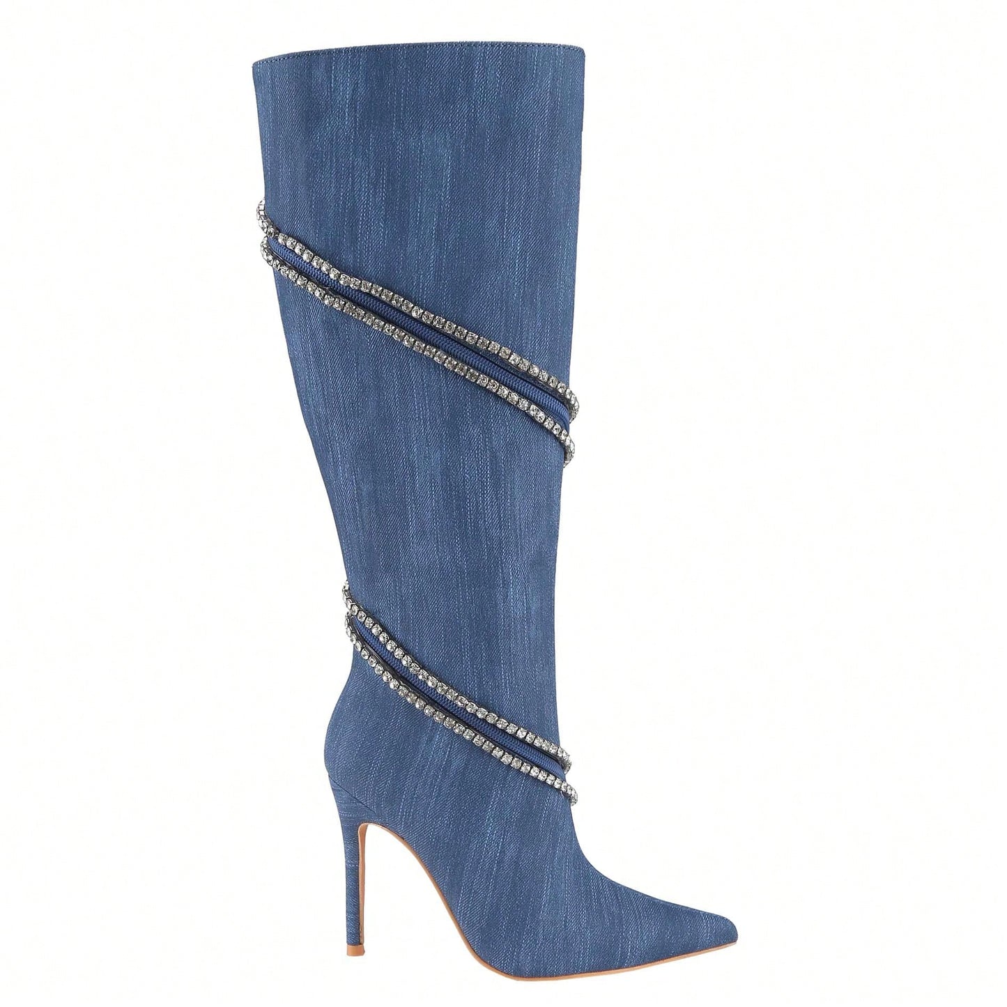 Women's Stiletto Boots Pointed Toe Crystal Straps Embellished Booties Slip-On Knee High Boots