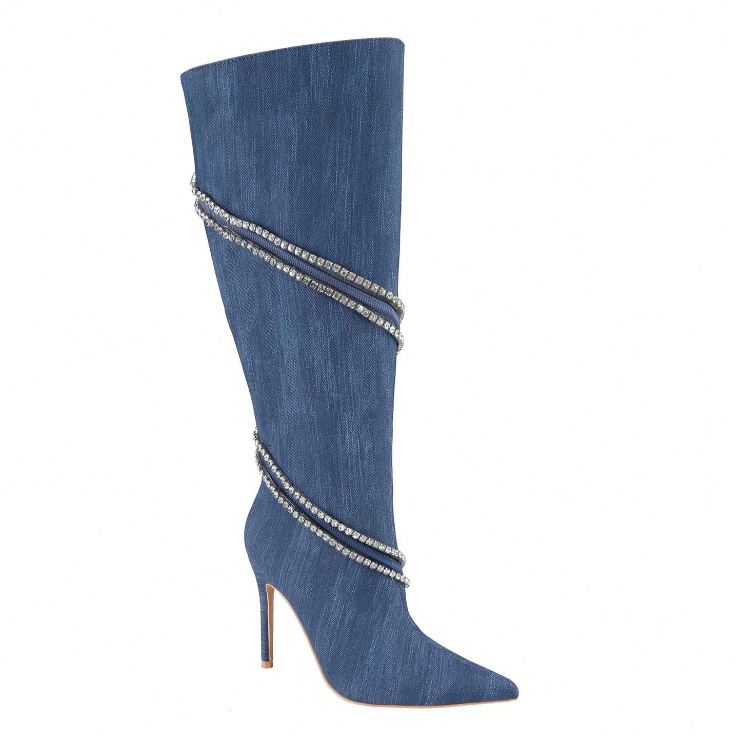 Women's Stiletto Boots Pointed Toe Crystal Straps Embellished Booties Slip-On Knee High Boots