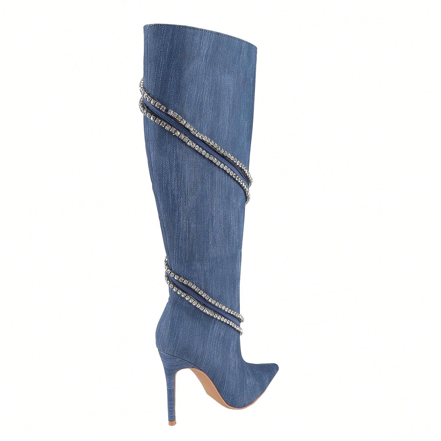 Women's Stiletto Boots Pointed Toe Crystal Straps Embellished Booties Slip-On Knee High Boots