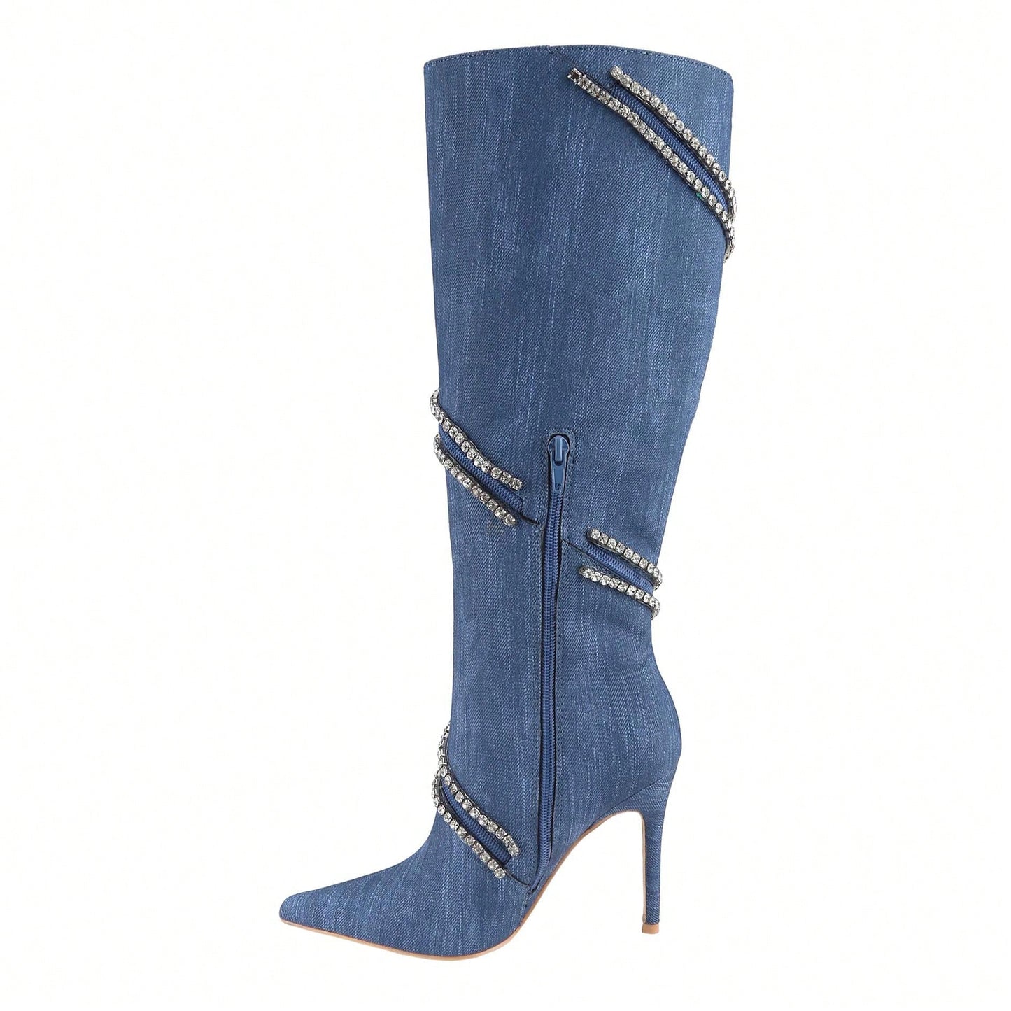 Women's Stiletto Boots Pointed Toe Crystal Straps Embellished Booties Slip-On Knee High Boots