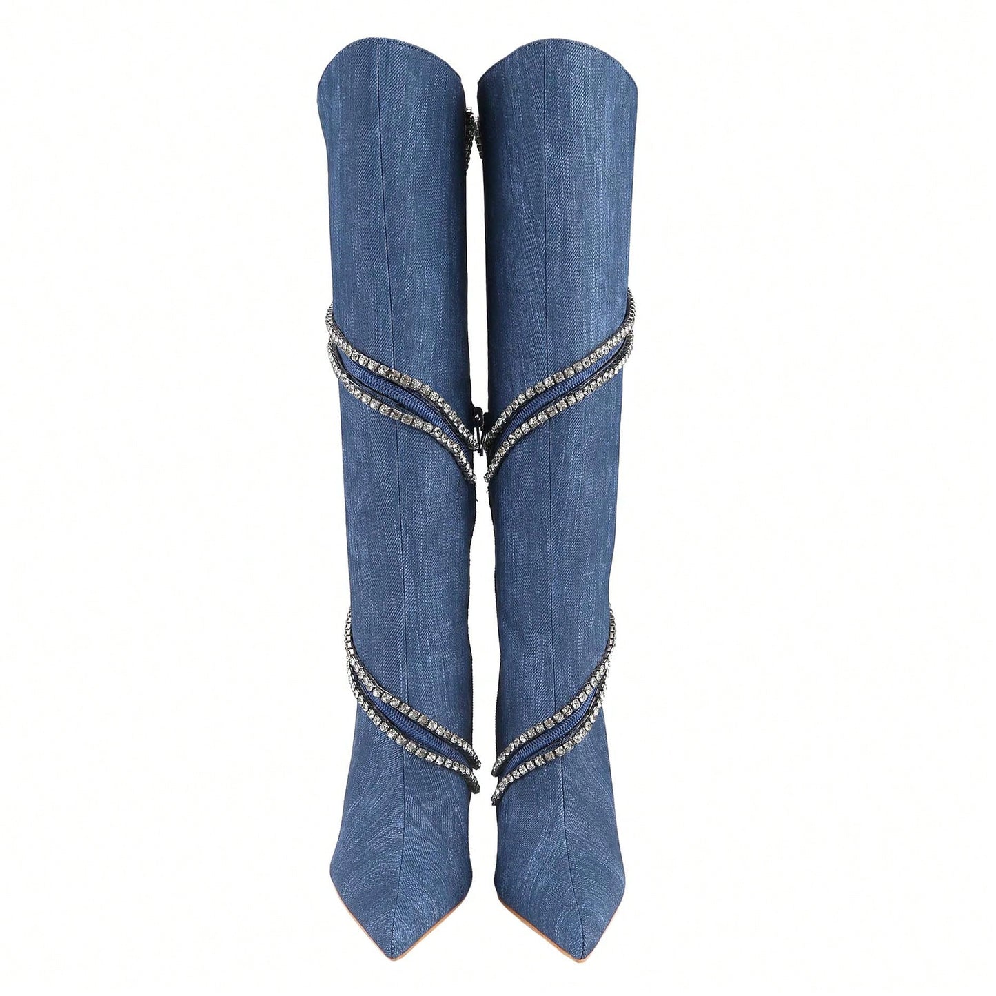 Women's Stiletto Boots Pointed Toe Crystal Straps Embellished Booties Slip-On Knee High Boots