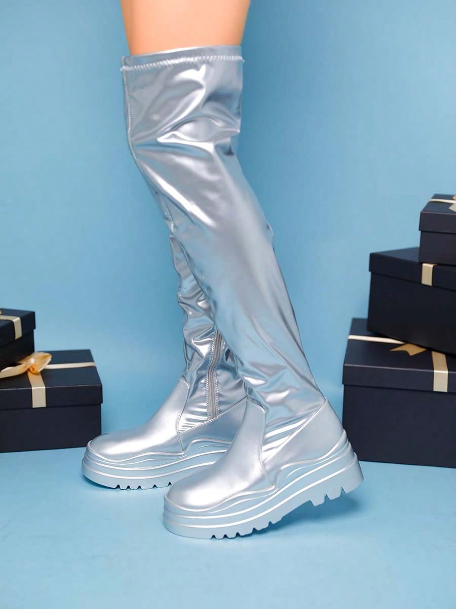 Women's Thigh High Boots Patent Leather PU Heeled Over The Knee High Boots Sexy Round Toe Platform Boots