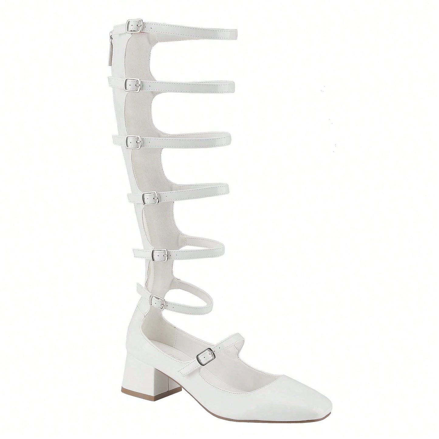 Women's Fashion Mary Janes,Closed Square Toe, Mid-Calf Strappy Gladiator, Low Block Heel