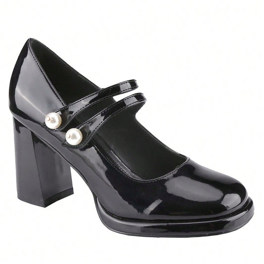 Women's Square Toe Mary Janes Chunky Mid-Heel Dress Pump Shoes