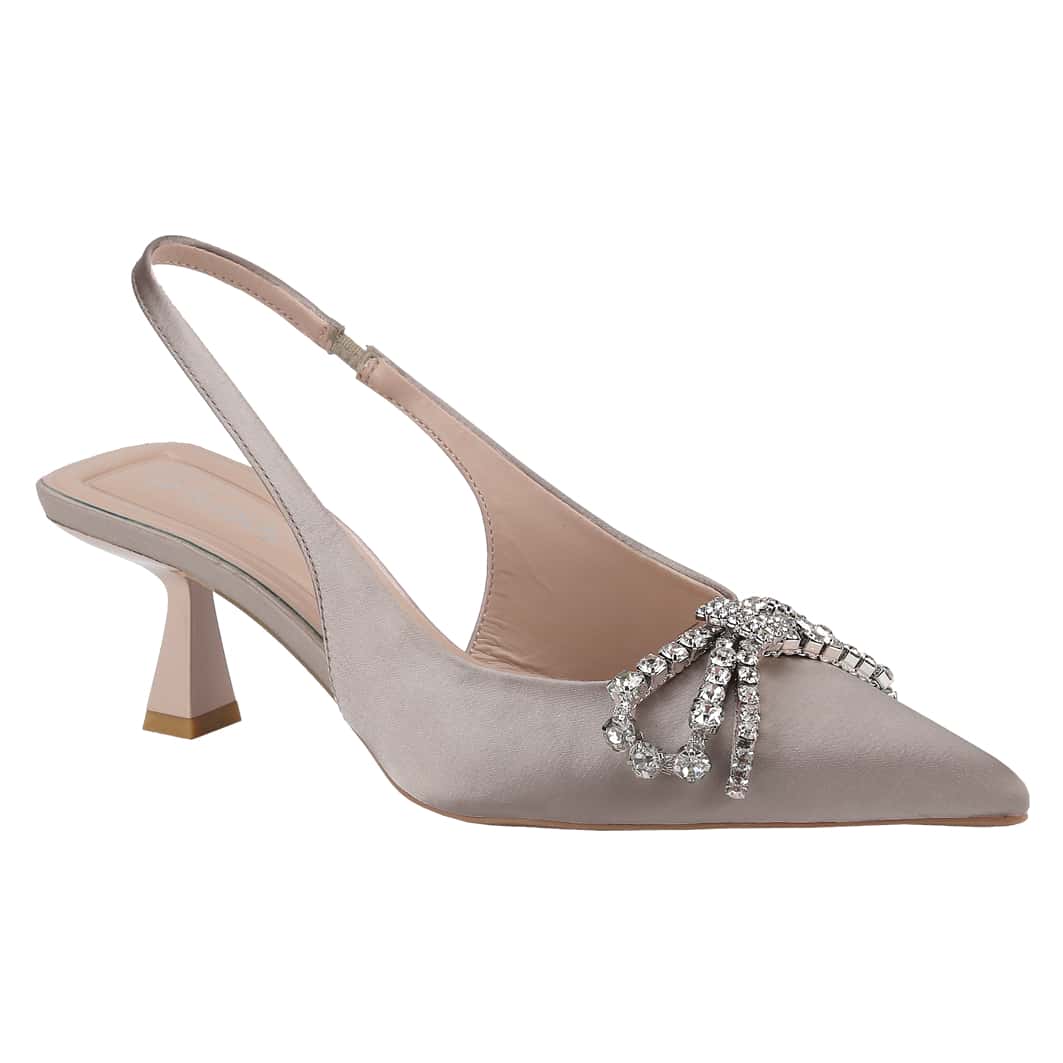 Women's Pointed Toe Kitten Heel Mules, Singling Back Rhinestones Bowknot Pumps