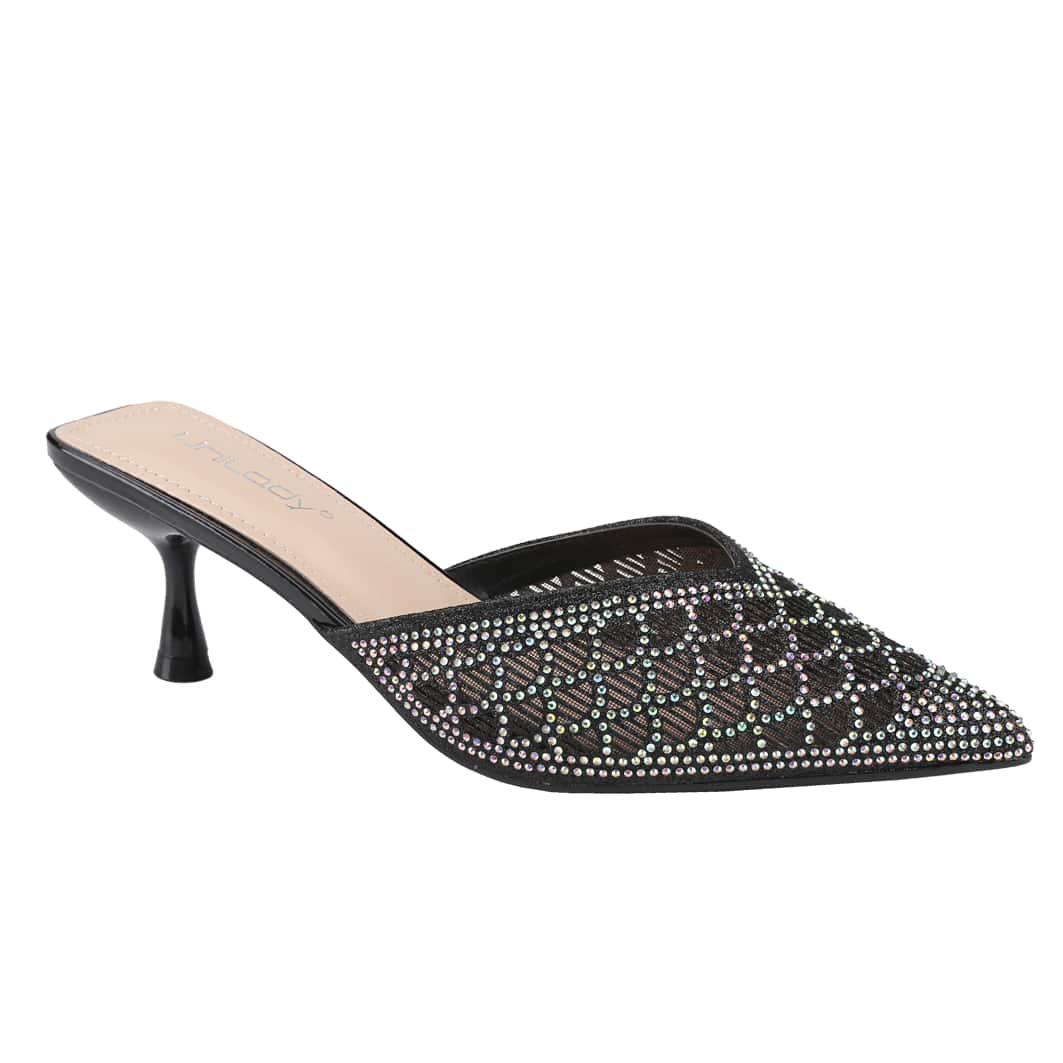 Women's Stiletto Heels Sandals, Pointed Toe Rhinestone On Fabric Mule Pumps