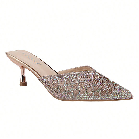 Women's Stiletto Heels Sandals, Pointed Toe Rhinestone On Fabric Mule Pumps