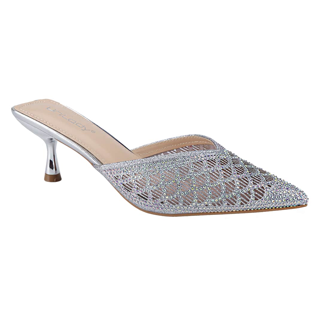 Women's Stiletto Heels Sandals, Pointed Toe Rhinestone On Fabric Mule Pumps