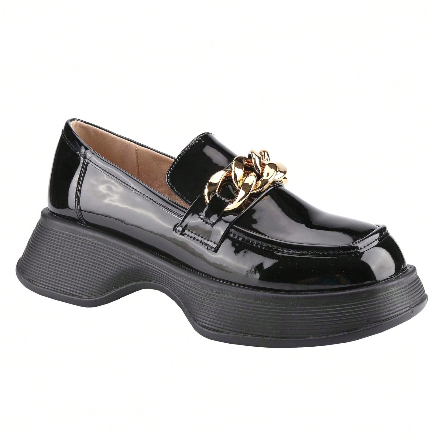 Platform Loafers For Women With Chain Comfort Chunky Heel Slip On Round Toe Business Work Shoes