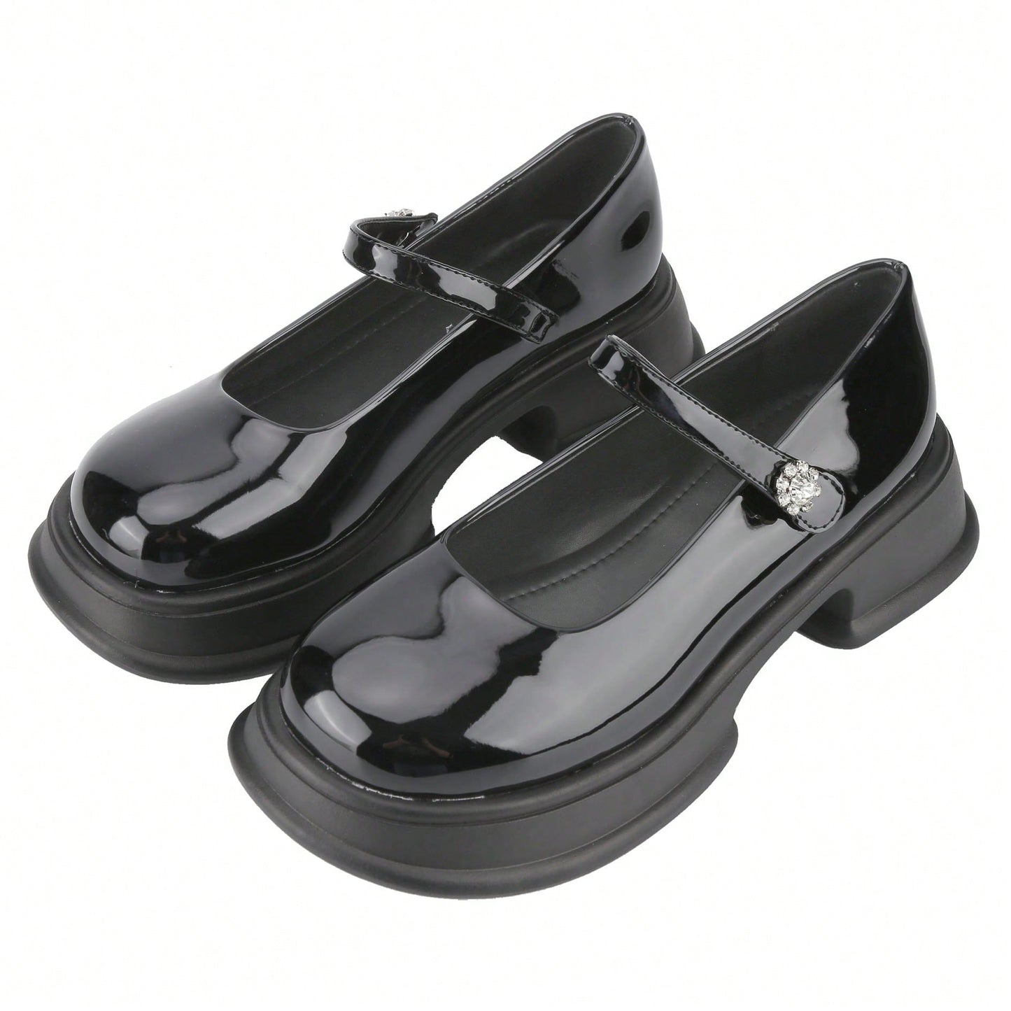 Women's Platform Chunky Heel Loafers Classic Round Toe Slip On, Oxfords Shoes With Rhinestone On Strap