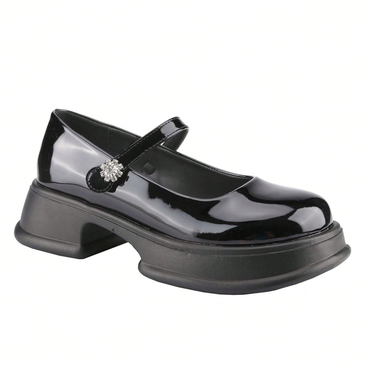 Women's Platform Chunky Heel Loafers Classic Round Toe Slip On, Oxfords Shoes With Rhinestone On Strap