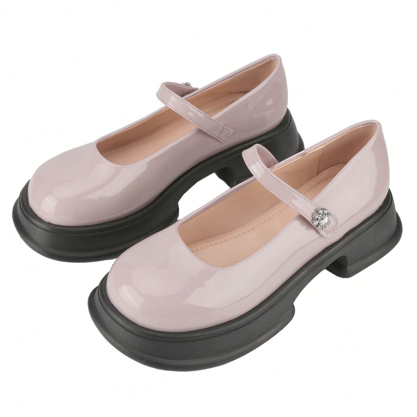 Women's Platform Chunky Heel Loafers Classic Round Toe Slip On, Oxfords Shoes With Rhinestone On Strap