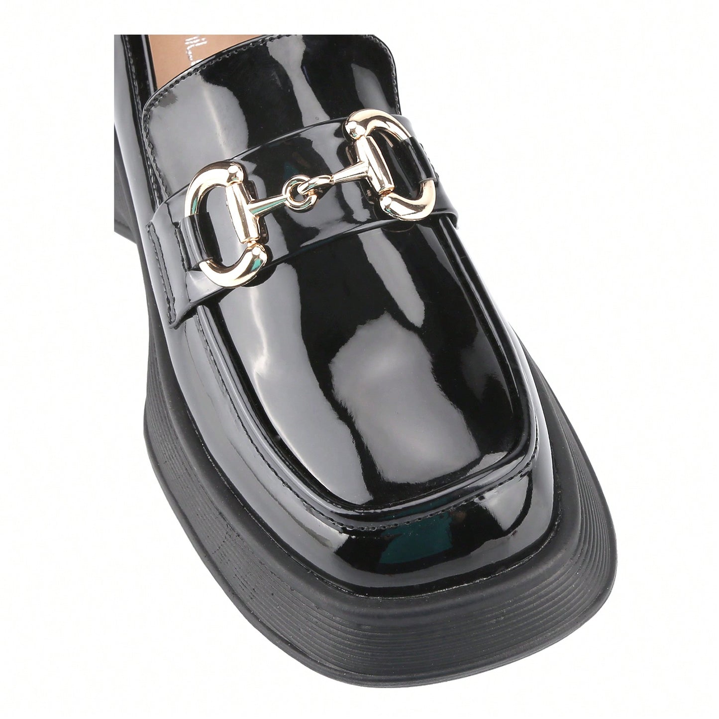 Womens Lug Sole Platform Mid Chunky Heel Loafers Classic Round Toe Slip On Office Uniform Oxfords Shoes With Metal Chain