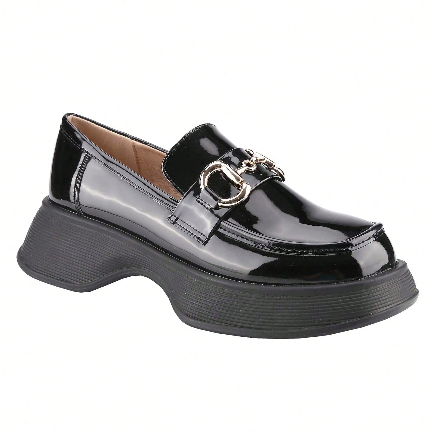 Womens Lug Sole Platform Mid Chunky Heel Loafers Classic Round Toe Slip On Office Uniform Oxfords Shoes With Metal Chain