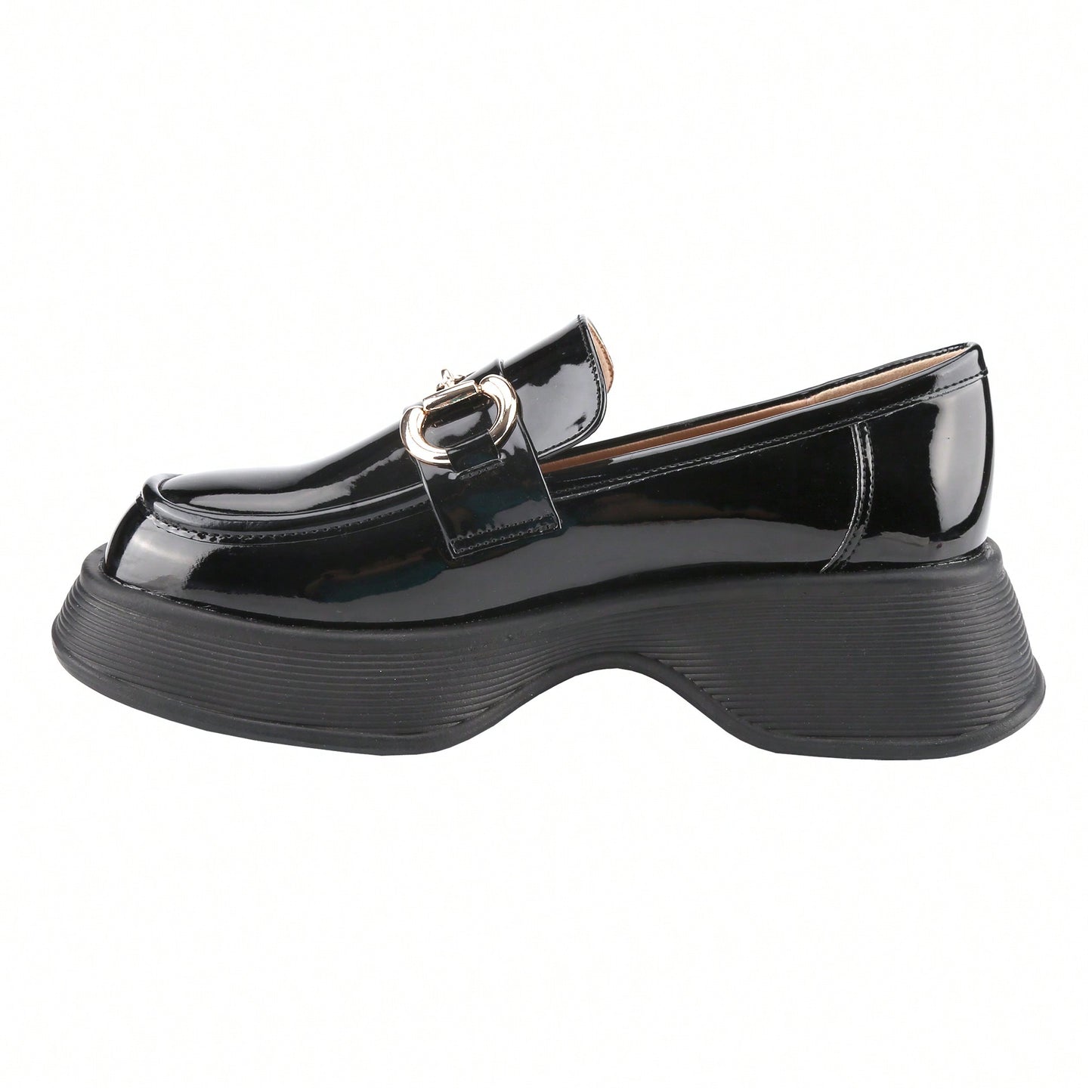 Womens Lug Sole Platform Mid Chunky Heel Loafers Classic Round Toe Slip On Office Uniform Oxfords Shoes With Metal Chain