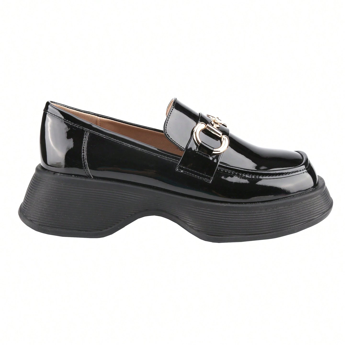 Womens Lug Sole Platform Mid Chunky Heel Loafers Classic Round Toe Slip On Office Uniform Oxfords Shoes With Metal Chain