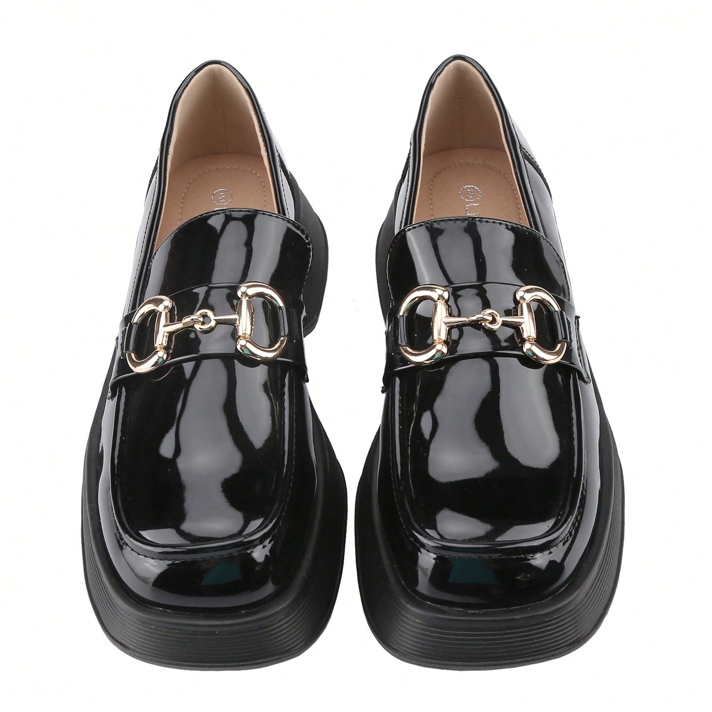 Womens Lug Sole Platform Mid Chunky Heel Loafers Classic Round Toe Slip On Office Uniform Oxfords Shoes With Metal Chain