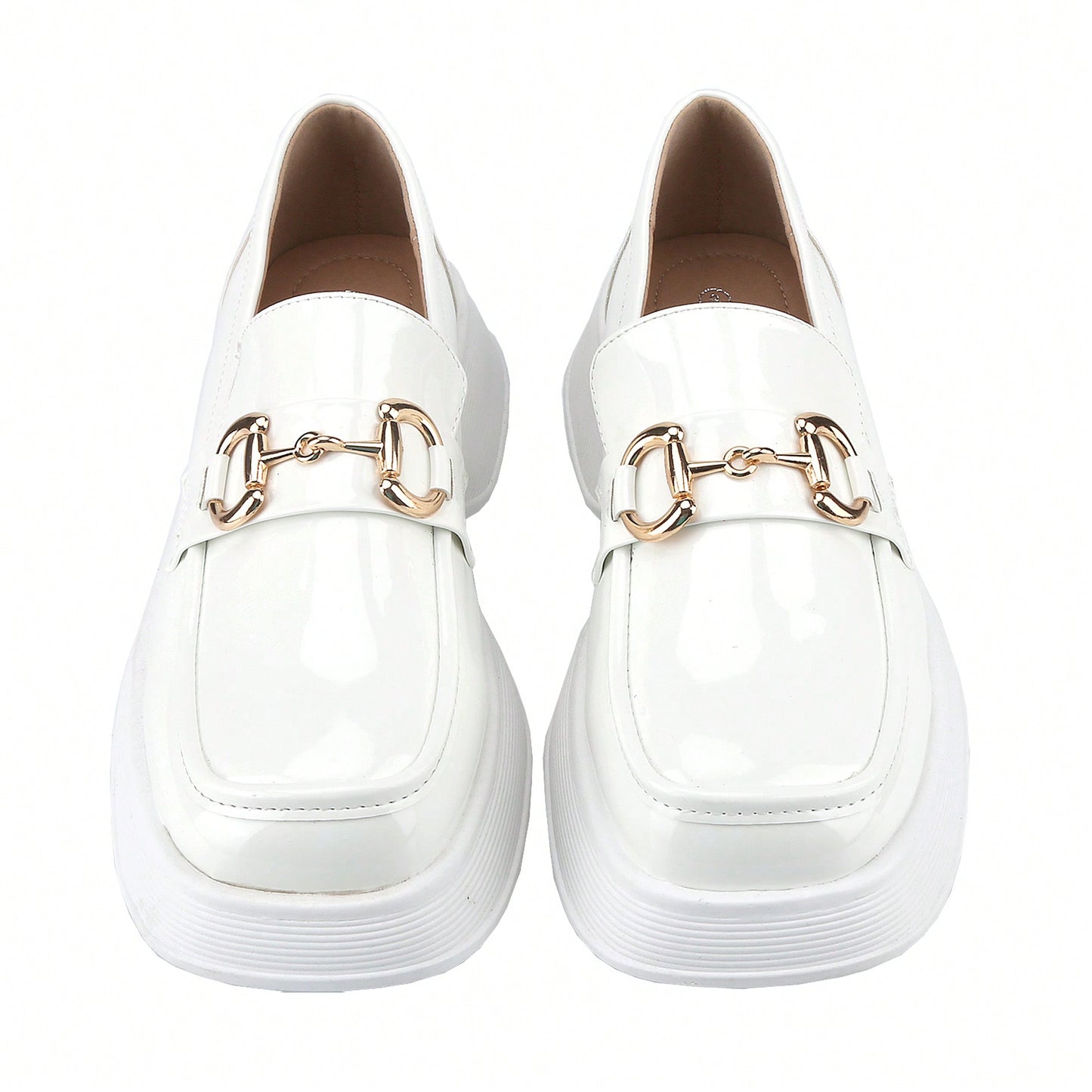Womens Lug Sole Platform Mid Chunky Heel Loafers Classic Round Toe Slip On Office Uniform Oxfords Shoes With Metal Chain