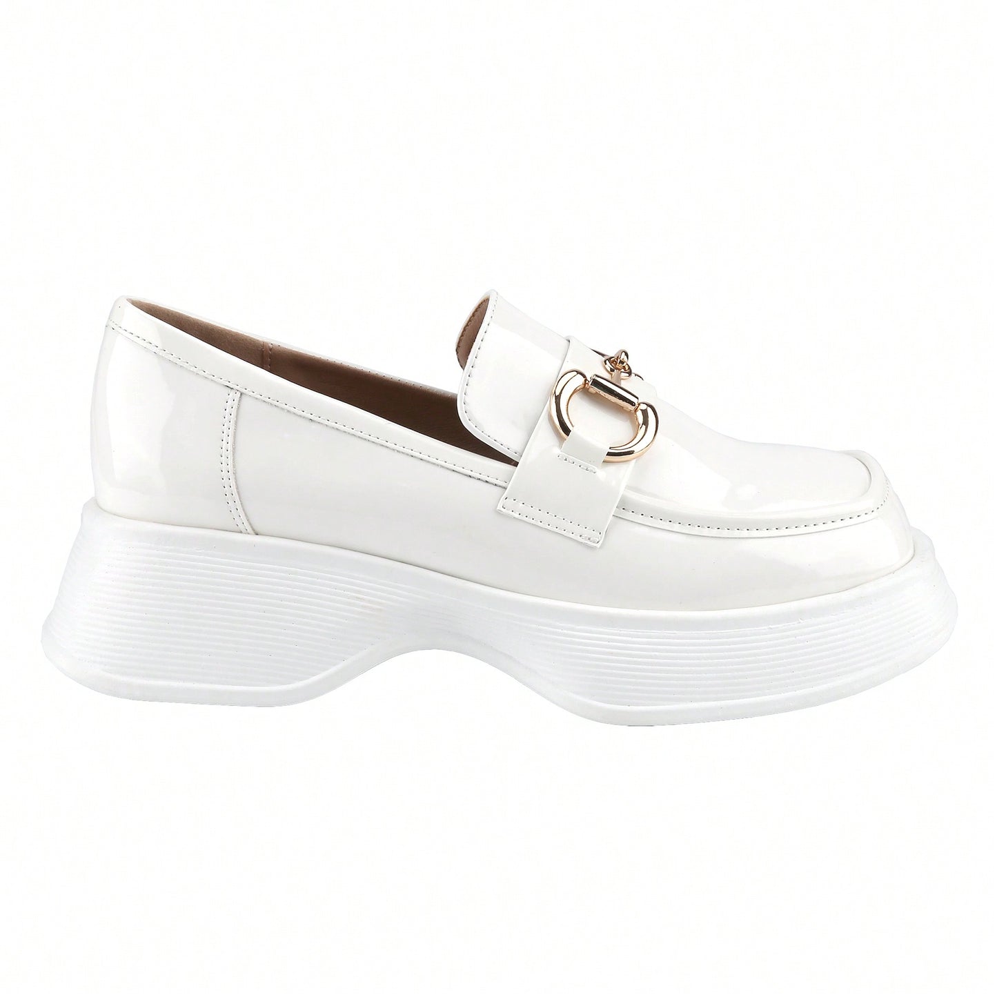 Womens Lug Sole Platform Mid Chunky Heel Loafers Classic Round Toe Slip On Office Uniform Oxfords Shoes With Metal Chain