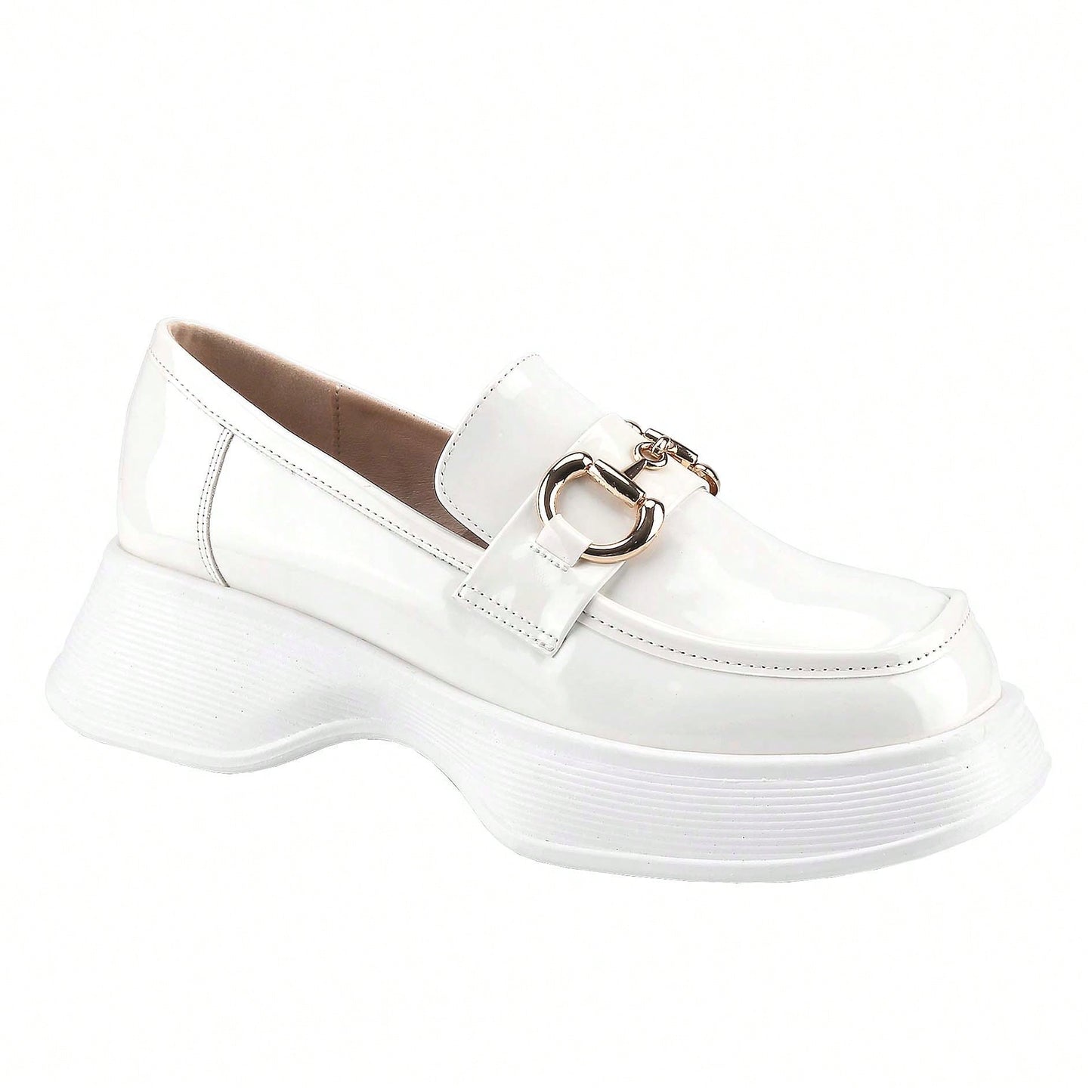 Womens Lug Sole Platform Mid Chunky Heel Loafers Classic Round Toe Slip On Office Uniform Oxfords Shoes With Metal Chain