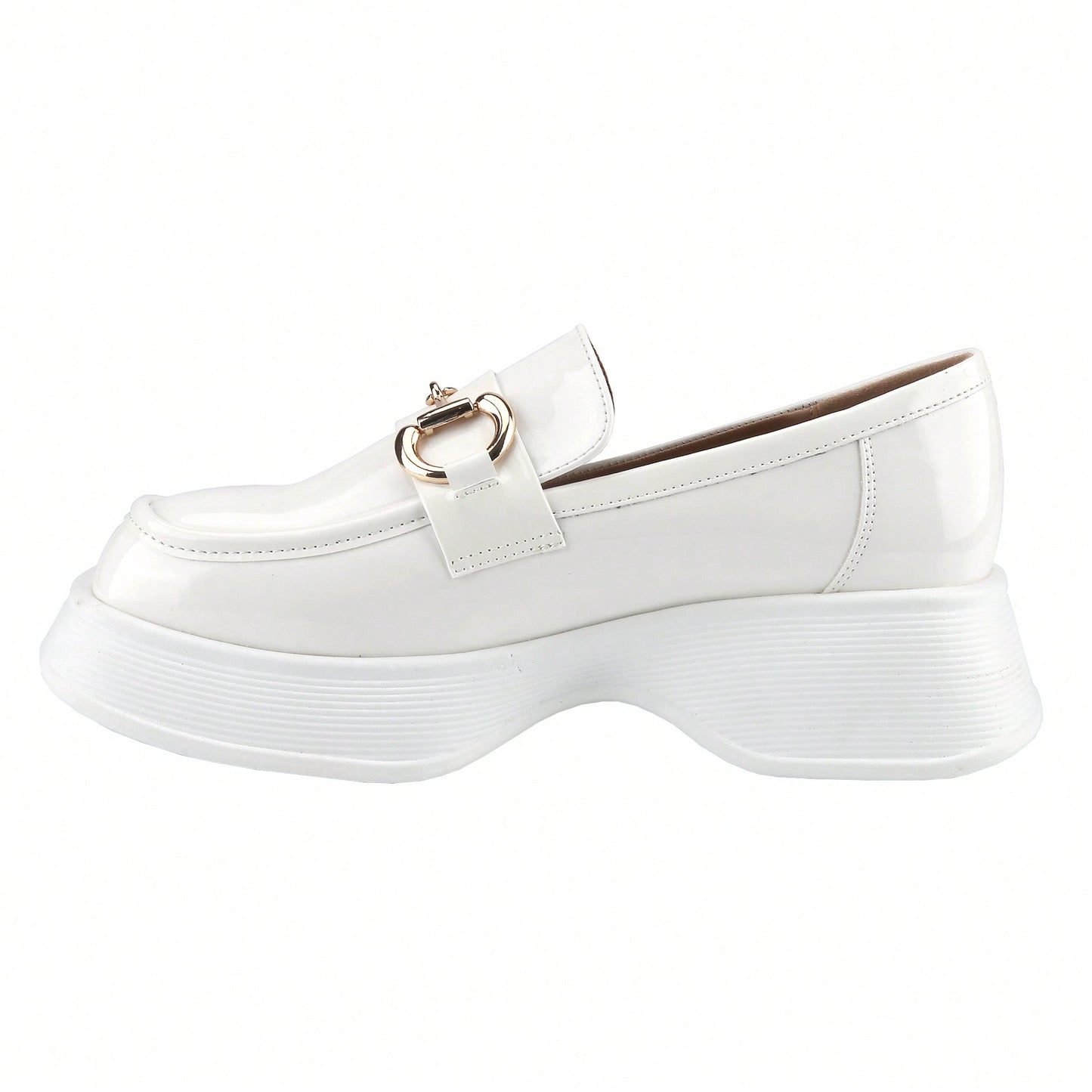 Womens Lug Sole Platform Mid Chunky Heel Loafers Classic Round Toe Slip On Office Uniform Oxfords Shoes With Metal Chain